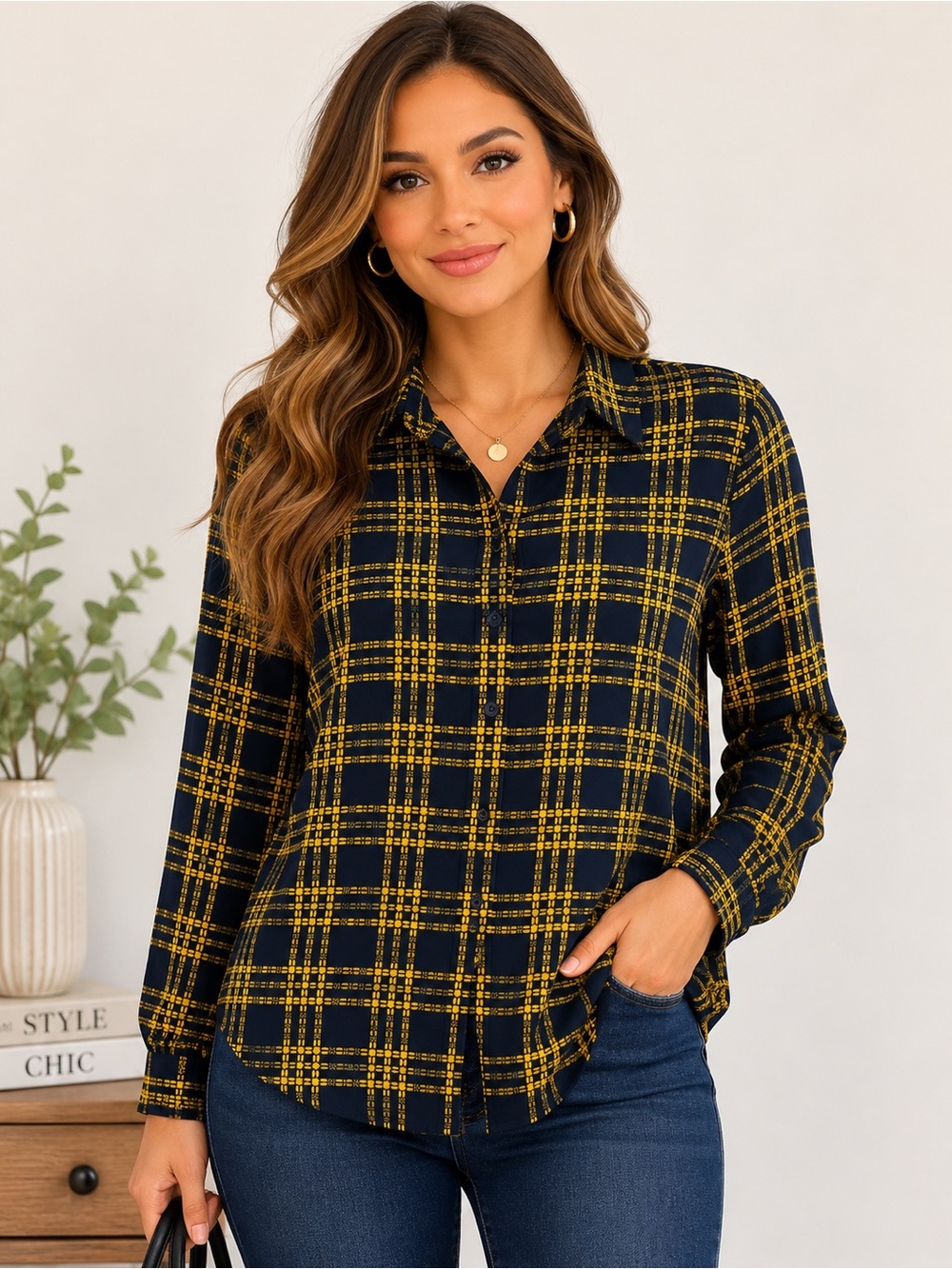 Ann Taylor Factory Women’s Small Navy Mustard Plaid Long Sleeve Button Front Blo